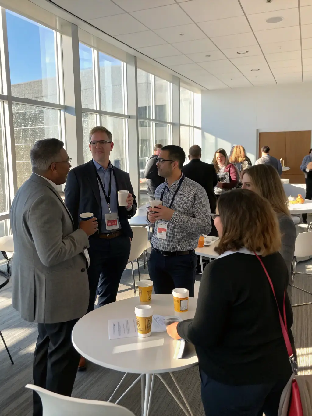 A dynamic shot of professionals networking during a coffee break at the ICC Wales in Newport for the Wales Business Expo on January 19, 2025.